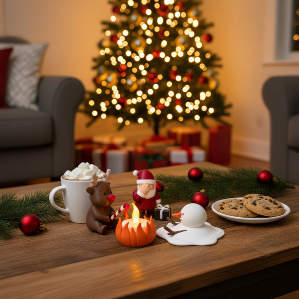 Kerstkampvuur op een salontafel met warme chocolademelk en koekjes