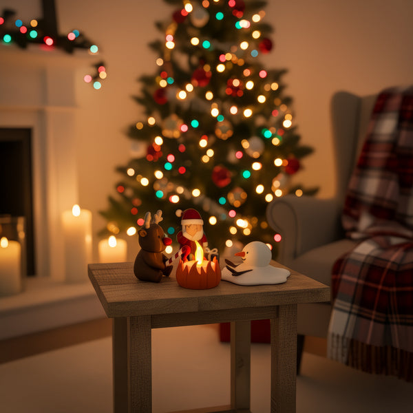 Kerstkampvuur op een klein tafeltje bij de kerstboom