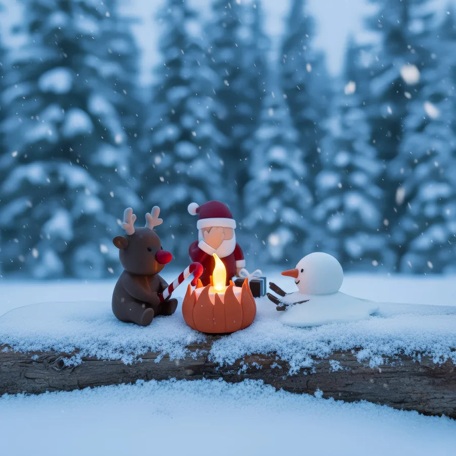 Christmas Campfire im Schnee vor einem winterlichen Tannenwald