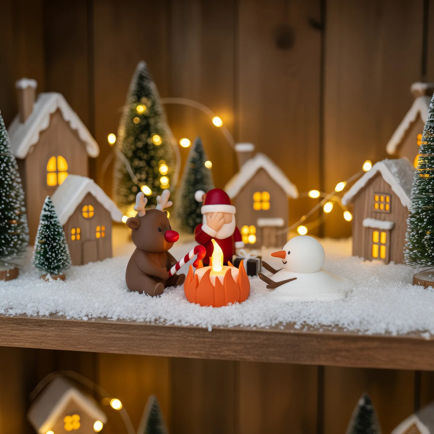 Christmas Campfire in einem beleuchteten Weihnachtsdorf mit Schnee
