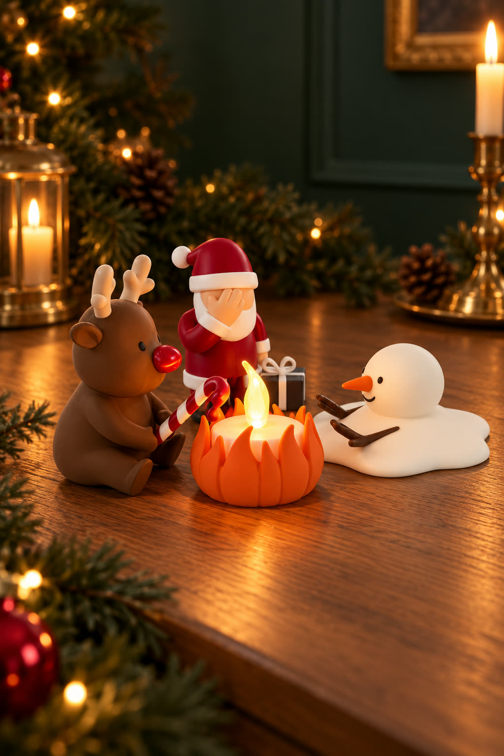 Christmas Campfire-set van Yafico, sfeer: bosgroen en messingkleurige accenten