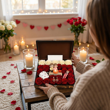 Valentinstag-Geschenkbox | Romantische LED-Kerze mit Pärchenfigur | Rosen-Geschenkset für Sie | Jahrestagsgeschenk | Luxuriöse Blumenbox | Geschenk für Frauen