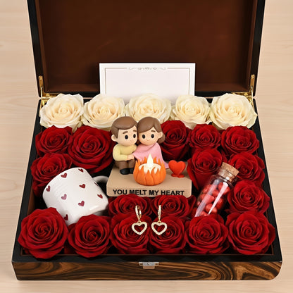 Valentinstag-Geschenkbox | Romantische LED-Kerze mit Pärchenfigur | Rosen-Geschenkset für Sie | Jahrestagsgeschenk | Luxuriöse Blumenbox | Geschenk für Frauen