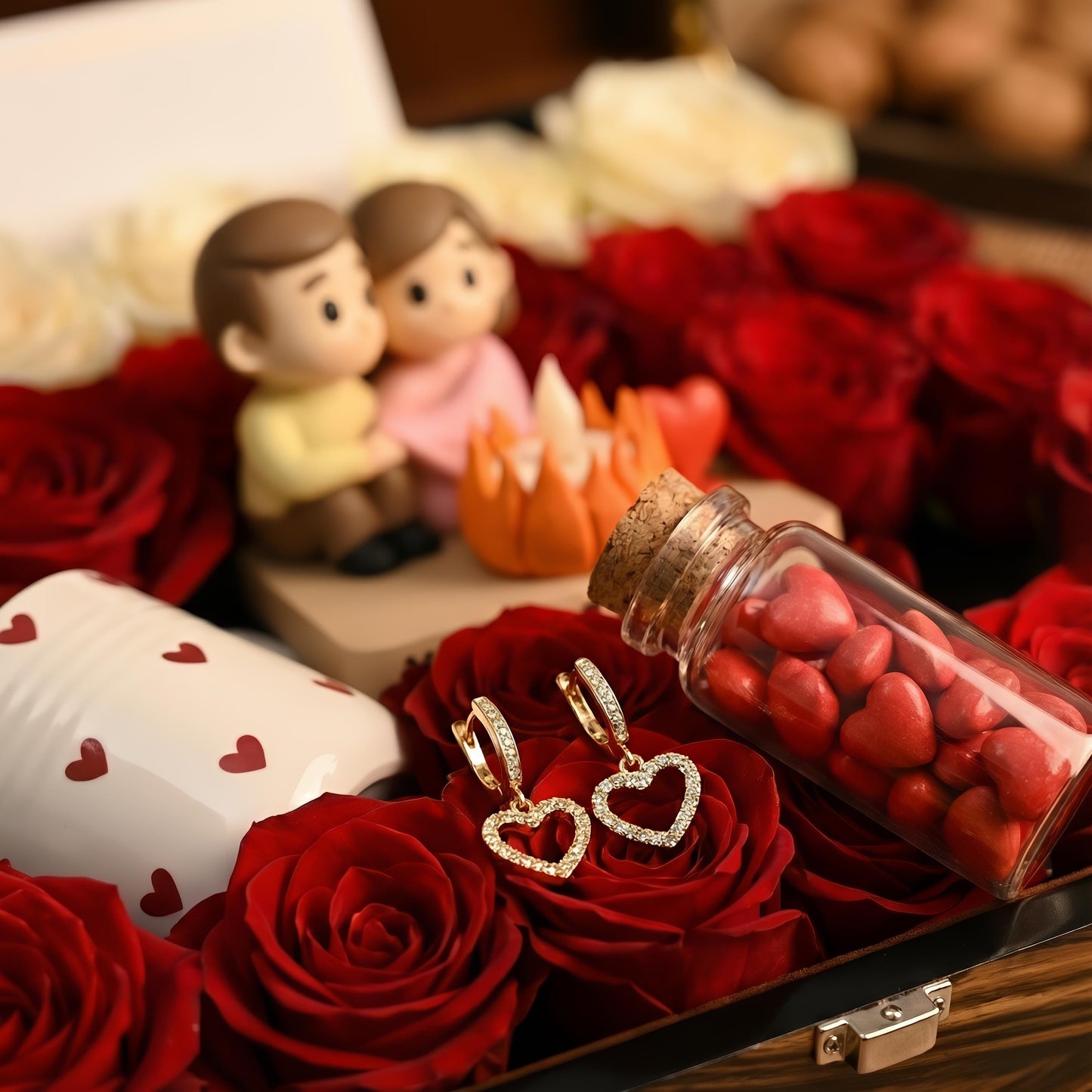 Valentinstag-Geschenkbox | Romantische LED-Kerze mit Pärchenfigur | Rosen-Geschenkset für Sie | Jahrestagsgeschenk | Luxuriöse Blumenbox | Geschenk für Frauen