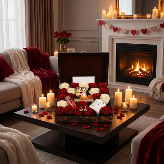 Valentinstag-Geschenkbox | Romantische LED-Kerze mit Pärchenfigur | Rosen-Geschenkset für Sie | Jahrestagsgeschenk | Luxuriöse Blumenbox | Geschenk für Frauen