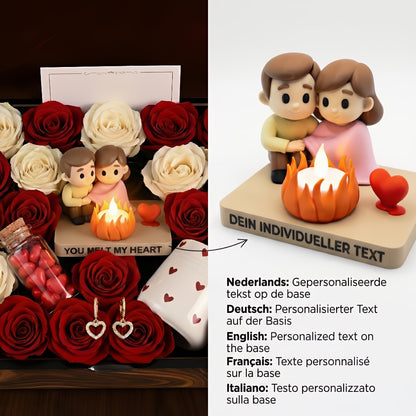 Valentinstag-Geschenkbox | Romantische LED-Kerze mit Pärchenfigur | Rosen-Geschenkset für Sie | Jahrestagsgeschenk | Luxuriöse Blumenbox | Geschenk für Frauen