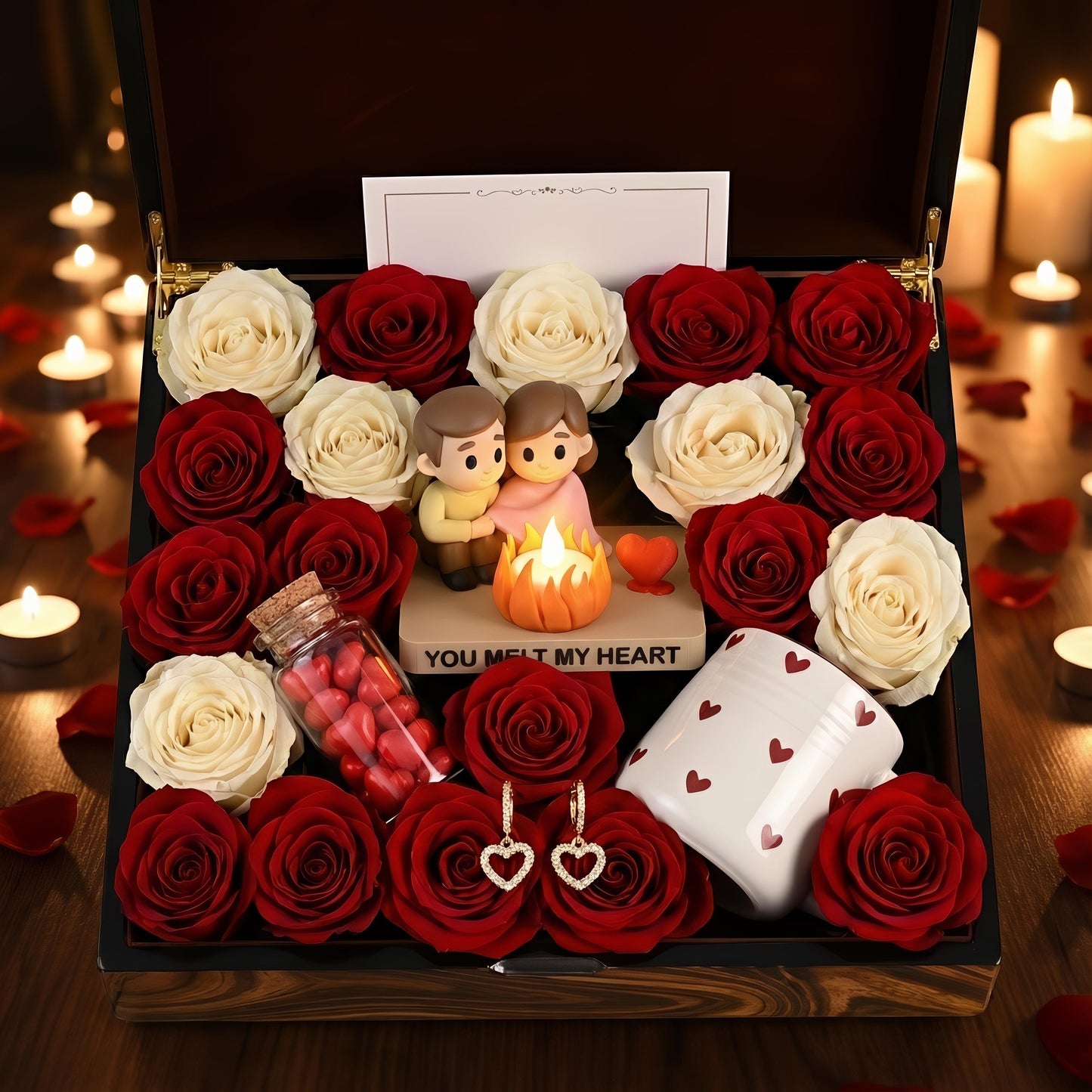 Valentinstag-Geschenkbox | Romantische LED-Kerze mit Pärchenfigur | Rosen-Geschenkset für Sie | Jahrestagsgeschenk | Luxuriöse Blumenbox | Geschenk für Frauen