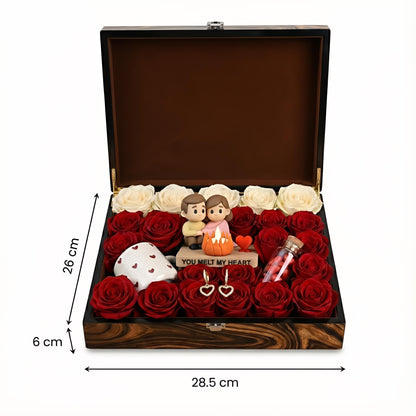 Valentinstag-Geschenkbox | Romantische LED-Kerze mit Pärchenfigur | Rosen-Geschenkset für Sie | Jahrestagsgeschenk | Luxuriöse Blumenbox | Geschenk für Frauen