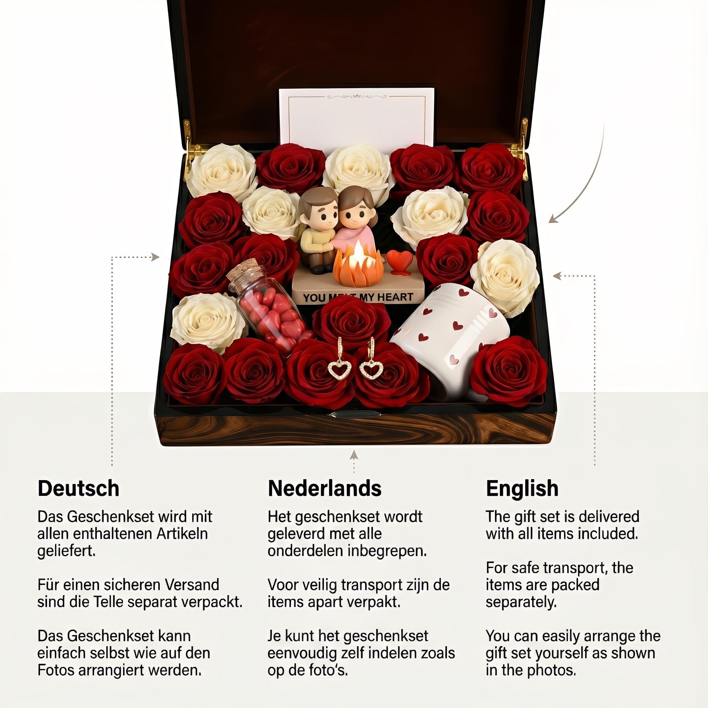 Valentinstag-Geschenkbox | Romantische LED-Kerze mit Pärchenfigur | Rosen-Geschenkset für Sie | Jahrestagsgeschenk | Luxuriöse Blumenbox | Geschenk für Frauen