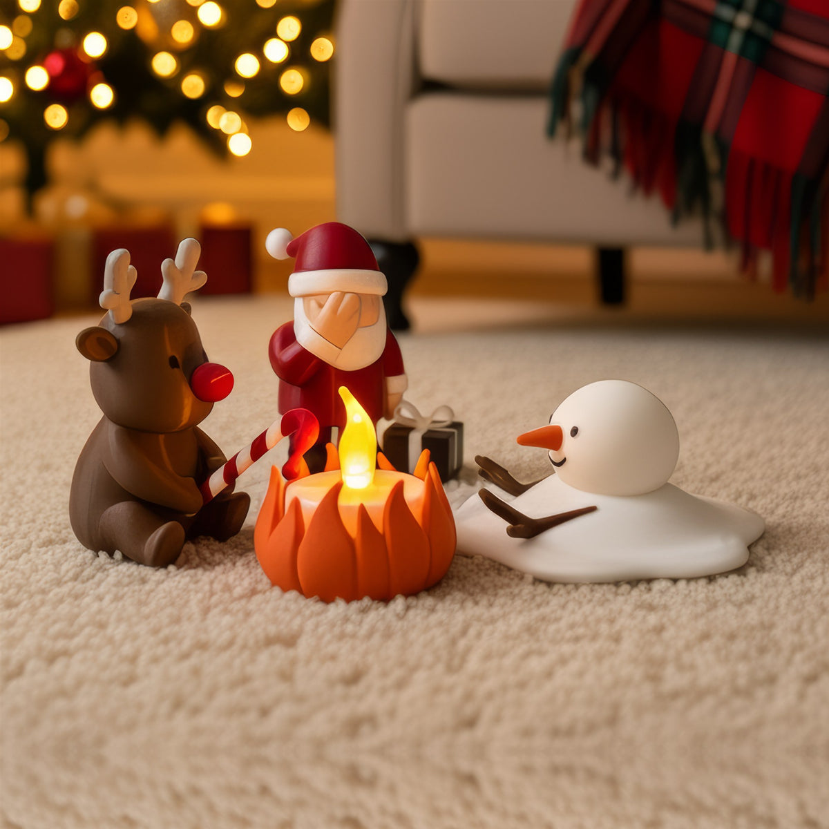 Christmas Campfire Weihnachtsdeko: Weihnachtsmann, Rudolph und ein schmelzender Schneemann am leuchtenden LED-Lagerfeuer