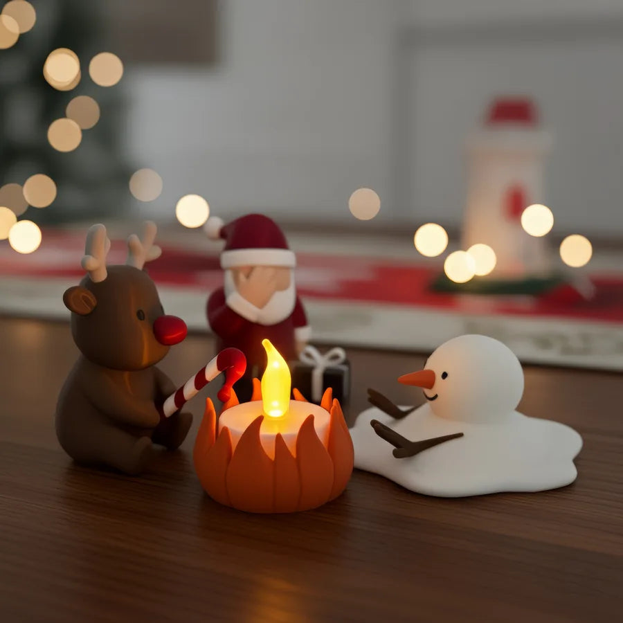 Nahaufnahme des leuchtenden Weihnachtslagerfeuers mit Rudolph, Weihnachtsmann und Schneemann