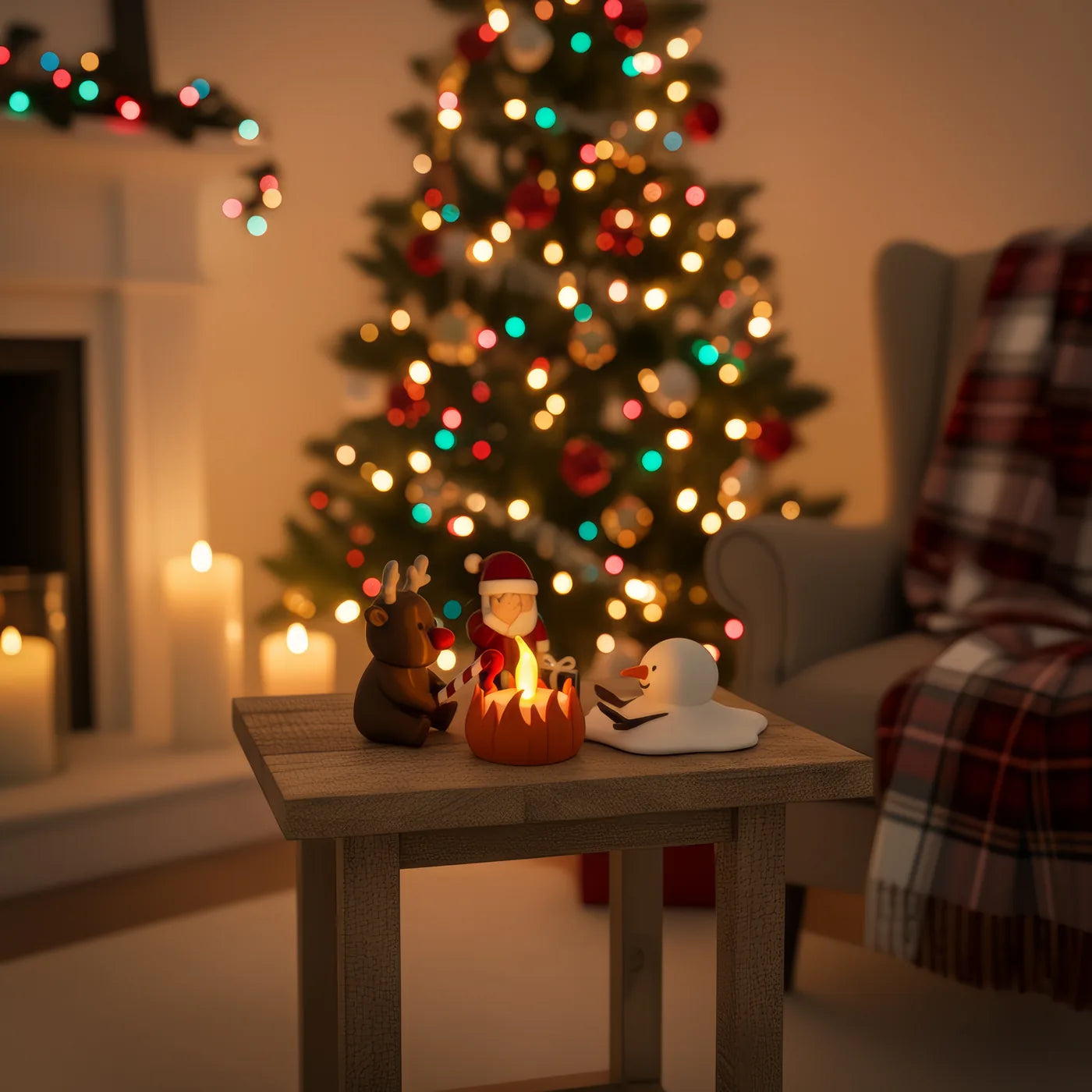 Christmas Campfire auf einem Beistelltisch neben dem Weihnachtsbaum