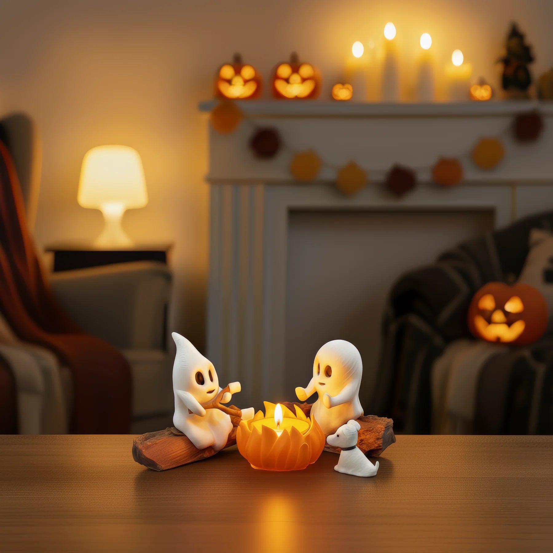 Ghost Campfire Halloween Deko mit zwei Geistern am leuchtenden Lagerfeuer