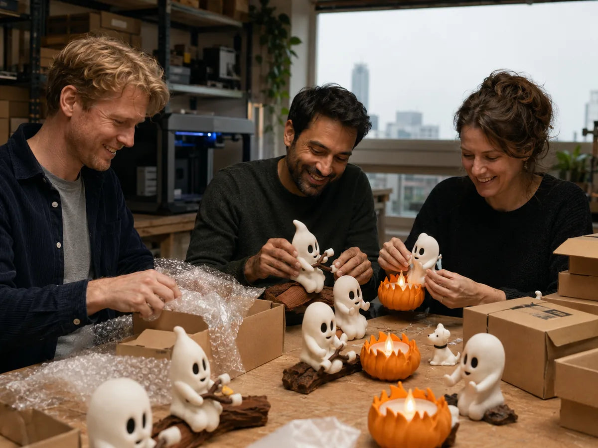Ricardo, Yavar und Marlijn von Yafico bei der Arbeit an Ghost-Campfire-Deko in ihrer Werkstatt in Rotterdam