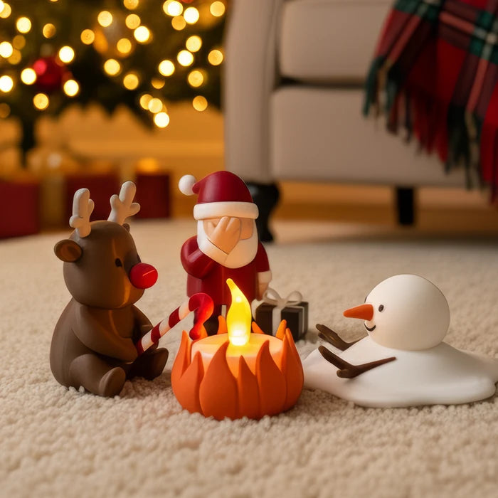 Christmas Campfire Dekoration mit Rudolf, Weihnachtsmann und schmelzendem Schneemann rund um ein leuchtendes LED-Lagerfeuer